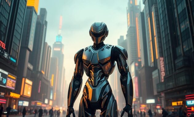 A cyberpunk-inspired futuristic robot standing amidst a complex technological landscape. The robot's sleek, angular body is composed of shimmering metallic plates and intricate circuits that suggest advanced artificial intelligence. The background is a bustling cityscape of towering skyscrapers, holographic displays, and glowing neon lights, creating an immersive cyberpunk atmosphere. Warm, directional lighting illuminates the scene, casting dramatic shadows and highlighting the robot's intricate details. The overall composition conveys a sense of innovation, progress, and the intersection of technology and humanity.