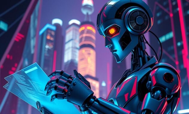 A futuristic cyberpunk robot carefully drafts a professional job application letter, its mechanical digits dancing across a holographic interface. The scene is bathed in a neon-tinged, dystopian glow, with sleek, angular architecture and towering skyscrapers visible in the background. The robot's expression is one of focused determination, as it navigates the complexities of the job application process with the aid of advanced AI algorithms. The image conveys the role of AI in streamlining and simplifying the often daunting task of crafting a compelling job application.