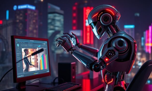 A futuristic cyberpunk robot, sleek and metallic, hovers over a desktop computer, its digital interface glowing with an array of editing tools. The robot's limbs manipulate virtual sliders and buttons, seamlessly adjusting color, contrast, and filters, transforming a photo with lightning-fast precision. The background is a dimly lit, neon-infused cityscape, hinting at the advanced technology powering this autonomous editing process. The scene captures the intersection of AI-driven image editing and the cutting-edge capabilities of the modern digital age.