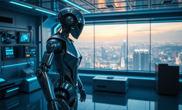 A futuristic cyberpunk robot standing in a sleek, high-tech laboratory, surrounded by holographic displays and advanced technological equipment. The robot's metallic body glimmers under the cool, blue-tinted lighting, its mechanical joints and limbs moving with fluid precision. In the background, a wall-sized window offers a breathtaking view of a sprawling, neon-lit cityscape, creating a striking contrast between the natural and artificial environments. The overall scene conveys a sense of innovation, creativity, and the boundless potential of artificial intelligence.