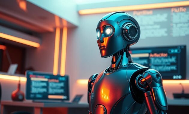 A sleek, futuristic cyberpunk robot stands at the center of the frame, its metallic body gleaming under the warm, ambient lighting. The robot's eyes glow with an intelligent, pensive expression as it contemplates the process of writing an article. In the background, a sleek, minimalist workspace with clean lines and a large display screen provides a futuristic setting. The composition emphasizes the robot's role as an advanced AI assistant, seamlessly blending technology and creativity to produce thoughtful, unique content. The overall mood is one of innovation, efficiency, and the potential of human-machine collaboration in the field of writing and content creation.