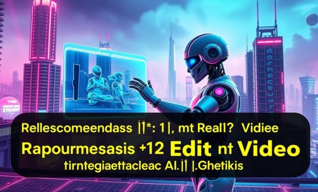 An advanced AI-powered photo editing application with futuristic cyberpunk aesthetics. Set in a vibrant, neon-infused cityscape, the application's interface hovers in the foreground, illuminated by a cool, holographic glow. In the middle ground, a futuristic robot character interacts with the application, seamlessly manipulating digital images with its advanced, cybernetic limbs. The background features towering skyscrapers, glowing energy grids, and a hazy, dystopian atmosphere, conveying a sense of technological innovation and progression. The overall mood is one of sleek, modern design and cutting-edge artificial intelligence, perfectly suited for the "Rekomendasi 12 Aplikasi Edit Video Terintegrasi AI, Gratis" section.