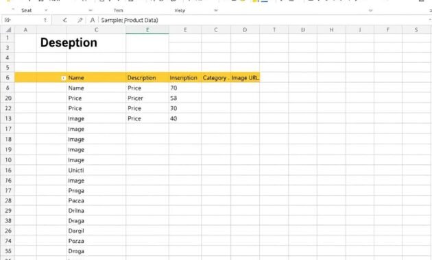 Contoh template Excel untuk persiapan data produk sebelum diproses oleh AI