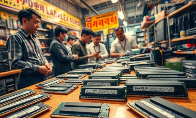 A bustling second-hand electronics market specializing in RAM components. In the foreground, a variety of used RAM modules displayed on a wooden table, showcasing different brands and capacities, glistening under bright, warm lighting. In the middle ground, focused vendors with friendly expressions, dressed in casual yet tidy clothing, engaged in discussions with customers examining the products. The background features colorful banners and shelves filled with more electronic items, hinting at a lively atmosphere. The scene is shot at eye level to create a sense of intimacy, capturing the excitement and tension of negotiation and discovery. Warm tones dominate the image, evoking a feeling of community and resourcefulness in the search for affordable technology.