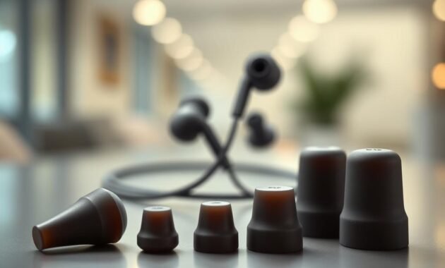 A close-up image of various sizes of ear tips arranged on a sleek, modern surface. In the foreground, showcase soft silicone ear tips in small, medium, and large sizes, highlighting their texture and flexibility with a high-resolution focus. The middle layer features a pair of high-quality earphones, partially embedded in the ear tips to illustrate their compatibility and design. In the background, a blurred, ambient setting with soft lighting creates a tranquil atmosphere, suggesting a comfortable listening experience. Use a soft-focus lens effect to enhance the depth of field and provide a sense of intimacy. The overall mood should convey the importance of choosing the right size ear tips for comfort and sound quality, inviting viewers to consider their impact.