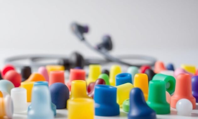 A close-up image showcasing a variety of silicone foam ear tips for earphones. In the foreground, prominently display an assortment of colorful ear tips in different shapes and sizes, emphasizing their soft texture and unique designs. In the middle, softly blurred earphones lie partially visible, hinting at their close connection to the ear tips. The background features a subtle gradient with neutral colors, creating a clean and minimalist atmosphere. Soft, diffused lighting illuminates the ear tips, highlighting their contours and material. The angle should be slightly tilted to add depth, giving a professional and inviting feel to the image. The overall mood is modern and technical, focusing on the comfort and quality of ear tips.