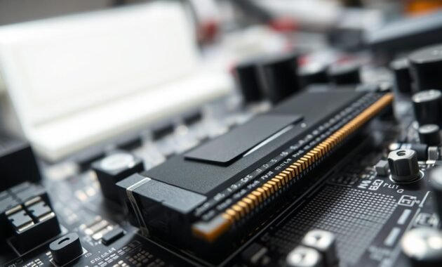 A close-up of a motherboard showcasing a RAM module that is soldered directly onto the circuit board, emphasizing the intricate details of the soldering process. The foreground focuses on the shiny contacts of the RAM, glistening under bright, focused lights. In the middle, the textured surface of the motherboard is visible, with other components subtly blurred to emphasize the RAM. The background is a soft bokeh of workshop tools and a hint of a mechanic's workspace, creating a practical and slightly industrial atmosphere. The scene is illuminated with soft white light, giving it a clean, modern feel. Capture this from a slight angle to provide depth, with a focus on clarity and detail, reflecting the strategic nature of manufacturing decisions.