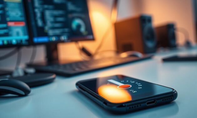 A close-up view of a modern smartphone on a white desk, showing a temperature gauge app displaying elevated temperatures. The smartphone is highlighted with soft, diffused lighting, casting gentle shadows to suggest warmth. In the background, a blurred scene of a tech workspace with computer monitors and gadgets creates a tech-savvy atmosphere. The mood is informative yet concerning, emphasizing the potential issues of overheating devices. Capture the image from a slight angle to give depth, making the smartphone the focal point while still allowing the background elements to be discernible. The overall color palette is cool with hints of red near the temperature gauge to indicate heat. A close-up view of a modern smartphone on a white desk, showing a temperature gauge app displaying elevated temperatures. The smartphone is highlighted with soft, diffused lighting, casting gentle shadows to suggest warmth. In the background, a blurred scene of a tech workspace with computer monitors and gadgets creates a tech-savvy atmosphere. The mood is informative yet concerning, emphasizing the potential issues of overheating devices. Capture the image from a slight angle to give depth, making the smartphone the focal point while still allowing the background elements to be discernible. The overall color palette is cool with hints of red near the temperature gauge to indicate heat.