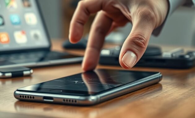 A close-up view of a modern smartphone on a wooden table, showcasing visible cracks and a flickering screen, symbolizing wear and tear. In the background, blurred images of various technology gadgets, such as tablets and smartwatches, represent the rapid advancement of software. The table surface is illuminated by soft, warm lighting, enhancing the atmosphere of nostalgia mixed with concern. A hand, dressed in a professional business attire, reaches towards the phone, emphasizing a sense of urgency and disappointment. The angle is slightly tilted to capture both the device and the person’s hand in focus, creating a sense of connection between human touch and technology. The overall mood is reflective, highlighting the contrast between evolving software and stagnant hardware quality.