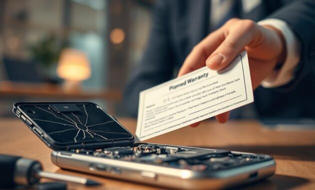 A close-up view of a modern smartphone, partially disassembled, showcasing its internal components. The foreground highlights fragile parts like a cracked screen and exposed wires, symbolizing planned obsolescence. In the middle ground, a hand in a professional attire delicately holds an expired warranty card, suggesting a sense of frustration and disappointment. The background features a blurred office setting with warm, soft lighting, evoking a contemplative mood about consumerism and product fragility. The angle is slightly tilted to create visual interest, with a shallow depth of field to emphasize the phone's intricate details. The overall atmosphere should convey unease about the declining durability of technology.