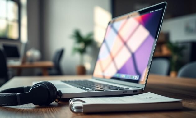 A close-up view of a sleek, entry-level laptop placed on a modern wooden desk, with a blurred background showcasing an office environment. The laptop's screen displays a vibrant user interface, symbolizing potential, while the keyboard shows signs of frequent use. Soft natural light streams in from a nearby window, creating an inviting yet contemplative atmosphere. In the foreground, a pair of professional headphones and a notebook lie alongside the laptop, suggesting productivity. The overall mood conveys a sense of aspiration and practicality, emphasizing how entry-level laptops are often overlooked despite their capabilities. The angle is slightly tilted, giving a dynamic perspective to the scene, while soft shadows add depth without clutter.