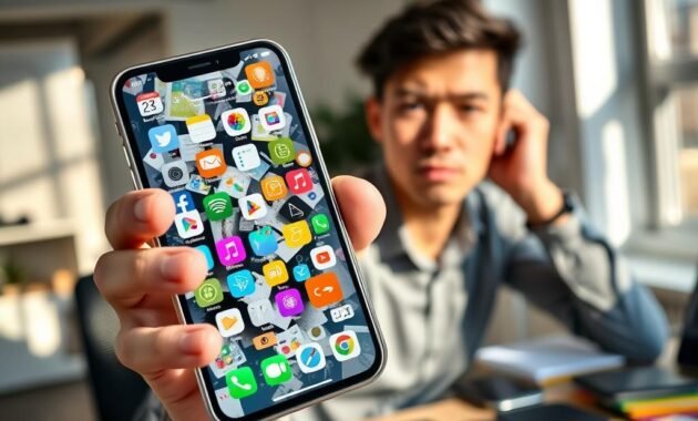 A cluttered smartphone screen filled with colorful app icons and notifications, set against a blurred background of a modern office environment. In the foreground, a hand is holding the phone, with a look of confusion on a young professional's face, wearing smart casual clothing. The room is softly lit, suggesting afternoon sunlight streaming through a window, casting gentle shadows on the desk nearby, which is filled with various tech gadgets. The image captures the frustration of managing phone storage despite its large capacity. Focus on vivid colors and depth, with a shallow depth of field to accentuate the smartphone while keeping the background slightly out of focus. The mood conveys a sense of curiosity and bewilderment about technology's limitations.