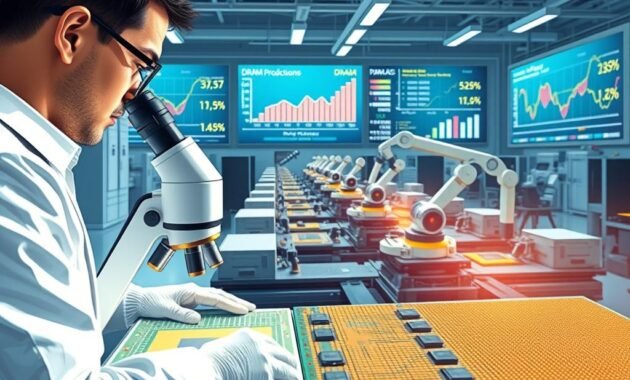A detailed illustration of DRAM production costs, showing a modern semiconductor fabrication facility in action. In the foreground, a technician in professional attire inspects a silicon wafer under a microscope, reflecting the precision involved in semiconductor manufacturing. The middle ground features intricate machinery and robots assembling DRAM chips, with bright, clean lighting that emphasizes the high-tech environment. In the background, large screens display graphs and statistics related to production costs and industry standards, subtly hinting at economic themes. The atmosphere is one of innovation and advanced technology, with a sense of urgency and progression. The angle is slightly tilted to showcase both the technician and the bustling environment, creating an immersive perspective into the world of DRAM production.
