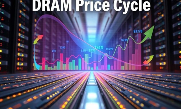 A dynamic illustration of the DRAM price cycle, featuring a modern data center in the foreground with rows of memory modules glowing softly under ambient lighting. In the middle ground, visual graphs show the cyclical nature of DRAM prices in vibrant colors, with arrows indicating fluctuations. The background includes abstract representations of supply and demand curves, hinting at market trends. The scene captures a sense of urgency and movement, with light rays suggesting the impact of technology on pricing. Use a wide-angle lens to enhance depth, and ensure the overall atmosphere is informative yet engaging, reflecting the technical and economic aspects of the DRAM industry.