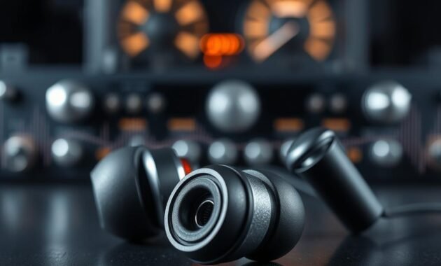 A high-quality close-up of a set of driver earphones, showcasing their intricate details and components. In the foreground, clearly display the earphone drivers with varying diameters, emphasizing their size differences. The middle ground should include a blurred image of audio equipment, like a high-fidelity amplifier, to suggest a professional audio setup. In the background, softly lit sound waves or musical notes can be faintly illustrated, symbolizing the connection between driver size and sound quality. The composition should use soft yet bright lighting to create a clean, modern atmosphere, conveying a sense of professionalism and clarity. The angle should be slightly tilted to add depth and focus on the earphones.