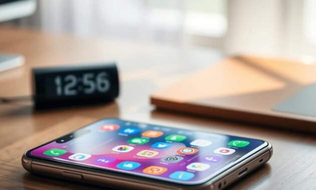 A modern smartphone lying flat on a sleek wooden desk, showcasing a cluttered home screen filled with colorful app icons. In the foreground, a digital clock displays a low battery warning, emphasizing the contrast between the phone's larger storage capacity and its rapidly depleting memory. The middle ground features an array of popular app icons like social media, video streaming, and cloud services, symbolizing the burden of modern applications on device storage. In the background, soft natural lighting filters through a nearby window, creating a warm and inviting atmosphere. The lens captures a slight overhead angle, giving a broad view of the phone and apps while maintaining focus on the low battery alert. The overall mood reflects a sense of frustration and urgency, highlighting the theme of storage issues in contemporary technology.