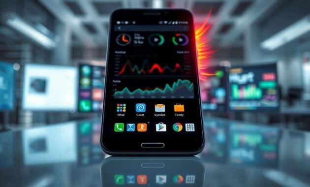 A modern smartphone, slightly overheating, sits prominently in the foreground on a sleek, reflective surface. The screen displays various application icons illuminated, suggesting active processes. In the middle ground, a vibrant display of colorful apps and system monitoring graphs surrounds the phone, hinting at software usage and resource allocation. The background features a soft-focus office environment, with cool, ambient lighting casting a professional atmosphere. A subtle heat distortion effect emanates from the smartphone, conveying its rising temperature. The overall mood is one of technology and urgency, highlighting the role of software in device performance. A modern smartphone, slightly overheating, sits prominently in the foreground on a sleek, reflective surface. The screen displays various application icons illuminated, suggesting active processes. In the middle ground, a vibrant display of colorful apps and system monitoring graphs surrounds the phone, hinting at software usage and resource allocation. The background features a soft-focus office environment, with cool, ambient lighting casting a professional atmosphere. A subtle heat distortion effect emanates from the smartphone, conveying its rising temperature. The overall mood is one of technology and urgency, highlighting the role of software in device performance.