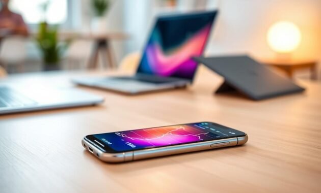 A sleek, modern smartphone placed on a minimalist wooden desk, showcasing its high-end design. In the foreground, the phone's vibrant screen displays intricate performance graphs, illustrating its powerful capabilities. The middle layer features an open laptop and a digital tablet, indicating a tech-savvy workspace. In the background, soft ambient lighting creates a relaxed atmosphere, with a blurred view of a casual office environment. The scene is shot with a shallow depth of field, emphasizing the smartphone while the other devices remain slightly out of focus. The mood conveys a sense of everyday casualness, highlighting the juxtaposition of high-end technology feeling underutilized in daily life.