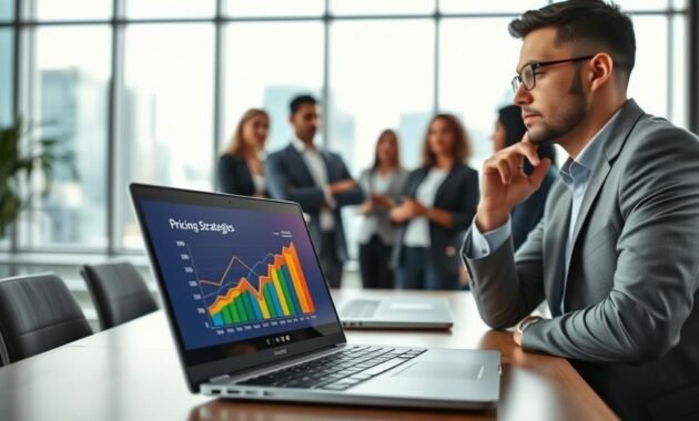 A thoughtful business professional analyzing a sleek laptop in a modern, well-lit office environment. The foreground features the laptop with its screen displaying a vibrant chart representing pricing strategies, reflecting market psychology. In the middle ground, a diverse group of professionals in business attire is engaged in discussion, their expressions conveying curiosity and insight. The background showcases large windows letting in soft, natural light, with cityscape views hinting at innovation and technology. The atmosphere is dynamic and focused, highlighting the importance of pricing psychology in the laptop industry. The image should be captured with a slightly blurred depth of field to emphasize the laptop in the foreground.