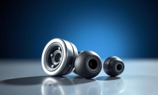 A visually striking comparison of large and small earphone drivers set on a sleek, reflective surface. In the foreground, a large driver with a metallic finish gleams under bright, focused lighting, showcasing its intricate components and larger size. Beside it, a smaller driver with a matte finish appears, demonstrating its compact design and detailed textures. In the middle ground, soft shadows create a sense of depth, enhancing the contrast between the two drivers. The background is a blurred gradient of deep blues and blacks, emphasizing the technological theme. Capture the scene with a shallow depth of field, utilizing a 50mm lens at f/2.8 to evoke a clean, professional mood, ideal for an informative article.