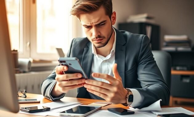 A young professional man in smart casual attire sits at a modern desk, his face displaying a look of disappointment as he inspects an expensive smartphone. The foreground captures his frustrated expression, while the middle layer features the sleek smartphone in his hand, reflecting its premium design. In the background, a cluttered workspace hints at consumerism, with gadgets and receipts scattered around. The lighting is warm and natural, coming from a nearby window, casting soft shadows that enhance the mood of disillusionment. The overall atmosphere is one of contemplation and dissatisfaction, emphasizing the psychological factors behind the experience of purchasing an expensive device.