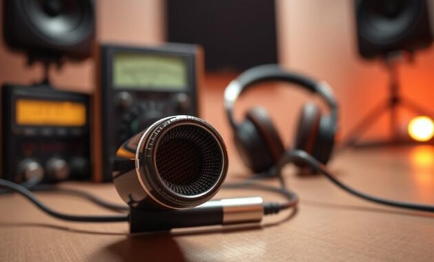 Close-up view of a diameter nozzle earphone against a softly blurred background featuring audio equipment. The nozzle earphone is detailed, showcasing its intricate design and glossy finish, with light reflecting off its surface. The foreground emphasizes the earphone's diameter nozzle, highlighting its fine mesh filter and textured details. In the middle ground, subtle hints of an audio testing environment, such as sound meters and headphones, provide context without distraction. The background is a softly lit studio space with warm lighting that creates an inviting atmosphere, emphasizing a sense of focus on the earphone. The perspective is slightly angled to accentuate the earphone's shape and design, evoking a mood of sophistication and technicality in audio engineering.