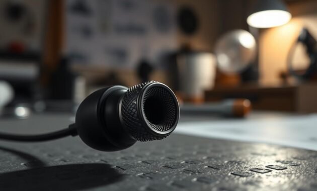 Close-up view of a high-quality nozzle earphone displayed on a textured surface, focusing on its intricate design and craftsmanship. The earphone's nozzle is prominently featured, showcasing its fine mesh and precision engineering, surrounded by soft lighting that highlights the contours and materials. In the background, a blurred workspace environment suggests a professional setting, with subtle hints of technical tools and blueprints to imply craftsmanship. The mood is sleek and modern, emphasizing innovation and functionality. Use a shallow depth of field to create an intimate atmosphere, capturing the earphone as the main subject with a soft bokeh effect. The image should evoke a sense of curiosity and appreciation for this small yet significant component in audio technology.
