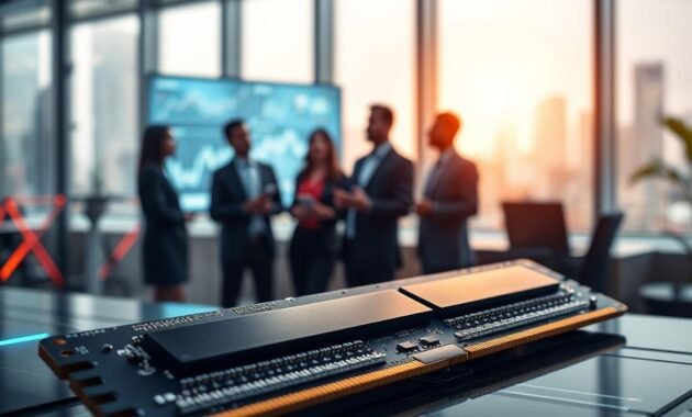In a modern technology office environment, a close-up scene featuring a sleek, high-performance RAM module at the forefront, illuminated with soft, focused lighting to emphasize its intricate circuitry and design. In the middle ground, a diverse group of professionals in business attire discusses the strategic implications of RAM in the tech industry, gesturing towards digital graphs and charts displayed on a screen. The background showcases a futuristic workspace with abstract tech elements and a large window revealing a bustling cityscape, symbolizing innovation and progress. The overall mood is one of urgency and professionalism, highlighting the transition of RAM from a mere commodity to a vital strategic component in technology.