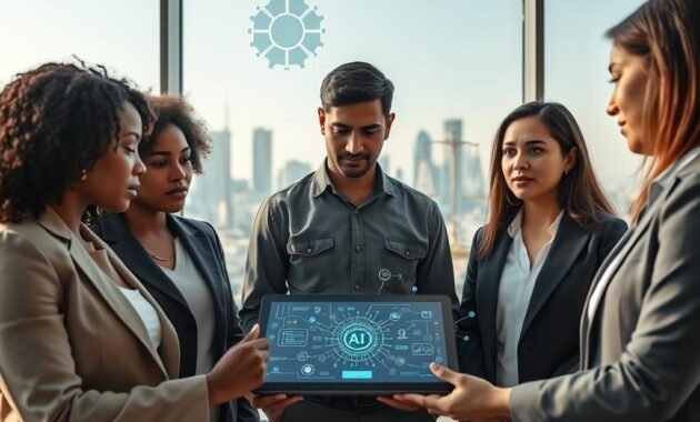 A balanced composition exploring the ethical dimensions of generative AI. In the foreground, a diverse group of three professionals—one Black woman in a smart blazer, one South Asian man in a well-fitted shirt, and one Hispanic woman in casual business attire—engaged in a serious discussion around a digital tablet displaying generative AI concepts. In the middle ground, abstract visual elements representing AI, like flowing code and neural network patterns, subtly intertwining with ethical symbols, such as scales of justice and light bulbs. The background features a modern office skyline bathed in soft, natural light, conveying a professional atmosphere. The overall mood is contemplative and focused, emphasizing both the promise and risks of AI technology.