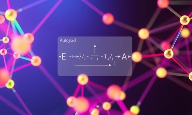 A close-up view of a 3D tensor structure representing multi-dimensional data, intricately displayed as a glowing geometric mesh. The foreground features vibrant, color-coded tensor elements interconnected by luminous lines, highlighting their relationships. In the middle, a semi-transparent layer illustrates the concept of autograd with dynamic arrows indicating differentiation and gradients, blending seamlessly into the tensor structure. The background is a soft gradient of deep blues and purples, suggesting a digital workspace atmosphere. The lighting is a mix of cool and warm tones, creating an ethereal glow that emphasizes the tensor's contours. The composition should evoke a sense of innovation and scientific exploration, ideal for a deep learning context.