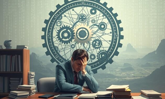 A conceptual illustration depicting the limitations of Large Language Models (LLMs). In the foreground, a frustrated business professional in a smart casual outfit, sitting at a desk covered with books and papers, representing the struggle to understand LLMs. In the middle ground, a large, abstract representation of an LLM with gears and wires, showing intricate but confusing connections, symbolizing complexity and limitations. The background features a digital landscape with faint binary code streaming down, representing the technological environment of AI. Soft, diffused lighting casts gentle shadows, creating a contemplative atmosphere. The overall mood is one of curiosity mixed with frustration, emphasizing the challenges of navigating LLM technology. A conceptual illustration depicting the limitations of Large Language Models (LLMs). In the foreground, a frustrated business professional in a smart casual outfit, sitting at a desk covered with books and papers, representing the struggle to understand LLMs. In the middle ground, a large, abstract representation of an LLM with gears and wires, showing intricate but confusing connections, symbolizing complexity and limitations. The background features a digital landscape with faint binary code streaming down, representing the technological environment of AI. Soft, diffused lighting casts gentle shadows, creating a contemplative atmosphere. The overall mood is one of curiosity mixed with frustration, emphasizing the challenges of navigating LLM technology.