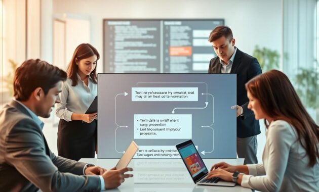 A conceptual illustration of "text normalization" in natural language processing, showcasing a visually engaging process flow. In the foreground, depict a diverse group of professionals—two men and two women—in business attire, collaborating at a sleek, modern workspace with laptops and digital tablets. In the middle ground, include a large digital screen displaying visual representations of text data being simplified and organized, with arrows illustrating the progression of normalization. The background should feature a high-tech office environment with a soft color palette, integrating white and blue tones for a clean, professional look. Use warm, natural lighting to create an inviting atmosphere, captured from a slightly elevated angle to emphasize the group's concentration and teamwork. The mood should convey innovation and efficiency in technological advancement.