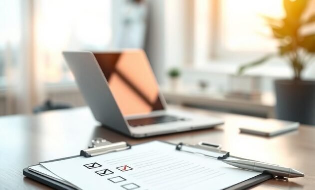 A detailed checklist prompt on a clean, modern desk setting, showcasing a clipboard with neatly organized checkboxes checked off. In the foreground, the clipboard should be prominently displayed with a silver pen resting beside it. The middle layer features a warm light streaming in from a nearby window, illuminating the desk, which has a laptop opened with a soft glow on the screen. The background includes a subtle blurred view of an office environment, with minimalist decor and a plant to add a touch of nature. The atmosphere is professional and inviting, conveying a sense of readiness and productivity. The overall composition should evoke a mood of clarity and focus, perfect for a section on checklist prompts ready for production.
