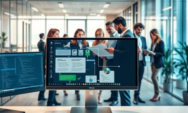 A detailed illustration of a "workflow stable diffusion" process. In the foreground, depict a professional workspace featuring a sleek computer monitor displaying intricate software interfaces related to text-to-image generation, with clean lines and vibrant colors that highlight the creativity involved. In the middle ground, place diverse business professionals collaborating, wearing smart casual attire, discussing ideas and analyzing results on printed documents and digital tablets. The background should show a modern office environment with glass walls that allow natural light to filter in, creating a bright and inviting atmosphere. Use soft lighting to enhance focus on the workflow displayed on the screen, capturing a sense of innovation and teamwork in the realm of digital art. The overall mood should be collaborative and inspiring, symbolizing consistency in creative processes.