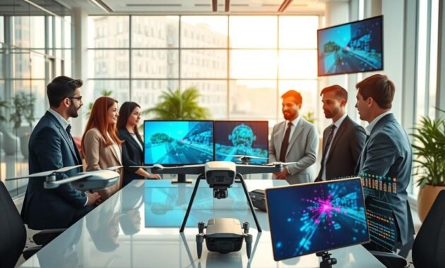 A dynamic and futuristic scene illustrating "Deployment Vision" in computer vision technology. In the foreground, a diverse team of professionals in business attire is gathered around a sleek, modern table, discussing images displayed on digital screens showcasing real-time object recognition and analysis. In the middle ground, high-tech equipment like drones and cameras capture images, seamlessly integrating with AI algorithms visualized as colorful data streams. The background features a bright, spacious office filled with large windows, allowing natural light to flood in, casting gentle shadows. Use a wide-angle lens to capture the depth and detail of the environment. The atmosphere should feel innovative and collaborative, embodying the excitement of advancing AI technology in visual recognition.