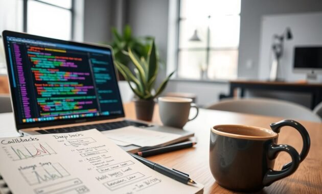 A dynamic and visually engaging workspace scene focused on Keras callbacks in deep learning. In the foreground, a sleek laptop displays colorful code snippets and graphs illustrating deep learning models. Beside it, a notebook filled with handwritten notes and diagrams on callbacks. In the middle ground, a potted succulent adds a touch of nature, while a coffee cup suggests productivity. The background features a large window with soft natural light streaming in, showcasing a modern office vibe with minimalist design elements. The atmosphere is energetic yet organized, conveying a sense of innovation and professionalism. The scene should emphasize clarity, detail, and an inviting mood for readers interested in Keras callbacks.