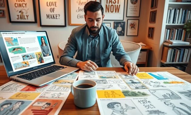 A dynamic storyboard scene depicting the concept of AI-generated storytelling, showcasing a well-organized storyboard on a wooden table. In the foreground, colorful storyboard panels outline various scenes, complete with sketches of characters and settings. A laptop displaying AI software analysis is placed beside a cup of coffee. The middle ground features a professional in smart casual clothing, intently examining the storyboard, illuminated by soft, warm lighting that creates a cozy atmosphere. In the background, a wall lined with motivational art and books gives context to the creative workspace. The camera angle is slightly above eye level, capturing both the storyboard and the individual’s focused expression, evoking a sense of creativity and inspiration in the process of script and storyboard preparation.