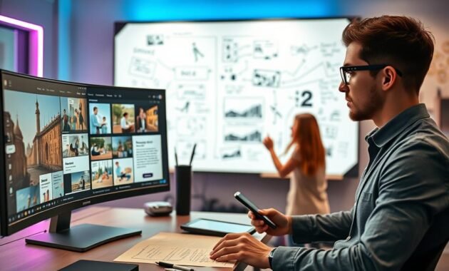 A dynamic workspace scene depicting the concept of "iterasi text to video". In the foreground, a modern computer desk with a high-resolution monitor displaying a vibrant storyboard of animated scenes, layered with text. A focused young professional in smart casual attire is analyzing the storyboard, surrounded by sketches and digital tablets. In the middle ground, an interactive digital whiteboard captures various iterations of video scenes, with annotations and ideas flowing outwards. The background features soft ambient lighting with colored LED accents, creating an innovative atmosphere. The overall mood is collaborative and creative, emphasizing the iterative process of video content creation, with a slight depth of field effect for a professional look.