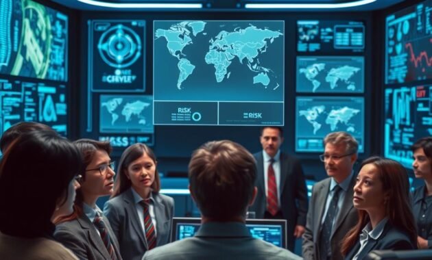 A futuristic control room filled with advanced technology and digital screens displaying complex data on autonomous agents. In the foreground, a diverse group of professional individuals in business attire are intently analyzing the information, their expressions reflecting concern and focus. The middle ground showcases holographic images of various autonomous agents and their potential risks, depicted as dynamic 3D models that seem to float above the screens. The background features a sleek, modern design with ambient blue lighting casting a high-tech atmosphere. The scene uses dramatic contrasts with shadows and soft glows to emphasize the tension surrounding the concept of risk. The camera angle is slightly elevated, looking down at the group and the intricate technology, creating an immersive and thoughtful environment.