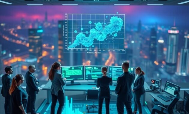 A futuristic data analysis scene illustrating "anomaly detection." In the foreground, a diverse group of professionals in business attire examines a large, holographic graph displaying clusters and outliers, illuminated with blue and green tones. The middle ground features a sleek, modern workstation filled with high-tech monitors showcasing data visualizations and algorithms at work. In the background, a digital cityscape blurs into a deep, vibrant gradient, emphasizing the tech-savvy environment. Soft lighting casts dynamic shadows, creating an atmosphere of innovation and exploration. The overall mood is focused and collaborative, suggesting the intricate process of identifying anomalies in data sets within the realm of unsupervised learning.