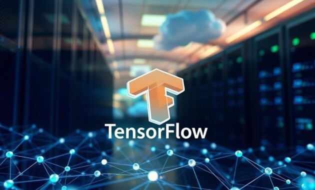 A futuristic digital landscape representing the core concepts of TensorFlow. In the foreground, visualize an intricate neural network diagram with interconnected nodes and glowing lines, symbolizing data flow. In the middle ground, a transparent, 3D TensorFlow logo is prominently displayed, showcasing the connection between machine learning and deep learning frameworks. The background features a stylized, abstract representation of a server room with subtle hints of cloud computing, all illuminated by soft blue and green lighting, creating a tech-savvy atmosphere. The angle of the scene is slightly tilted from above, giving it a dynamic perspective. Overall, the mood conveys innovation and advanced technology, inviting viewers to explore the essentials of TensorFlow. A futuristic digital landscape representing the core concepts of TensorFlow. In the foreground, visualize an intricate neural network diagram with interconnected nodes and glowing lines, symbolizing data flow. In the middle ground, a transparent, 3D TensorFlow logo is prominently displayed, showcasing the connection between machine learning and deep learning frameworks. The background features a stylized, abstract representation of a server room with subtle hints of cloud computing, all illuminated by soft blue and green lighting, creating a tech-savvy atmosphere. The angle of the scene is slightly tilted from above, giving it a dynamic perspective. Overall, the mood conveys innovation and advanced technology, inviting viewers to explore the essentials of TensorFlow.