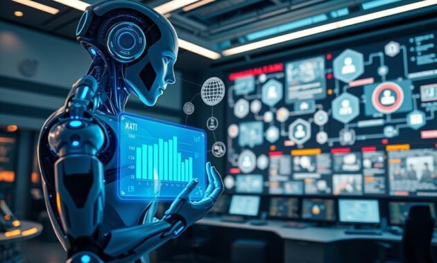 A futuristic digital workspace depicting the "komponen agent," with an emphasis on diverse, stylized AI agents functioning harmoniously. In the foreground, a sleek, humanoid AI agent with vibrant blue circuitry interacts with a holographic interface displaying data analytics. In the middle ground, various other AI components, like information retrieval, problem-solving modules, and decision-making algorithms, are illustrated as glowing, interconnected nodes. The background features a high-tech control room with large screens and abstract visuals of workflow processes, bathed in soft, ambient lighting. A professional, collaborative atmosphere is conveyed, suggesting advanced technology working efficiently together. The scene is captured from a low angle to emphasize the grandeur of the workspace, with a mixture of cool and warm tones to create a balanced, inviting mood.