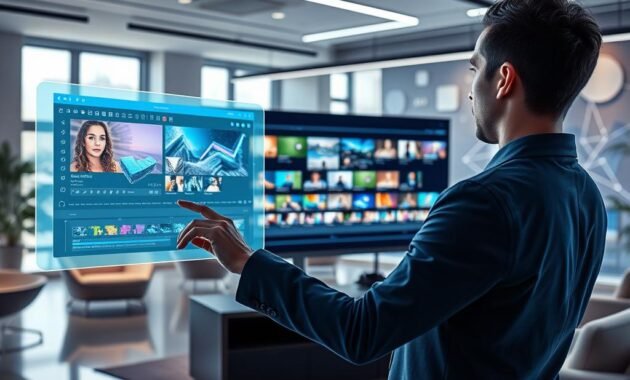 A futuristic digital workspace showcasing a sleek interface for an alternative text-to-video generation tool. In the foreground, a professional individual in smart casual attire interacts with a holographic screen displaying vibrant video clips and intricate editing tools. In the middle ground, a large monitor showcases a dynamic timeline filled with colorful video segments and visual effects, surrounded by soft ambient lighting that creates a modern tech atmosphere. The background features an open office space with contemporary furniture, large windows letting in natural light, and abstract digital designs on the walls. The mood is innovative and inspiring, portraying the cutting-edge technology of alternative video creation solutions.