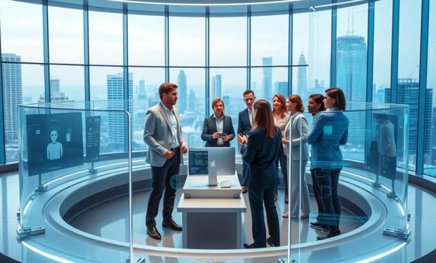 A futuristic digital workspace showcasing robust guardrails and security measures for AI agents. In the foreground, sleek, transparent panels symbolizing the guardrails surround a central workstation with advanced AI interfaces. The middle layer features a collaborative group of diverse professionals in business attire, engaging in a discussion, highlighting teamwork and vigilance in AI safety. The background displays a high-tech cityscape through large panoramic windows, emphasizing a connected future. Soft blue and white lighting create a calm, secure ambiance, while reflections on the glass surfaces suggest innovation and clarity. The angle captures the dynamic interaction among the team members, focusing on their intent expressions, as they strategize around the digital workspace.