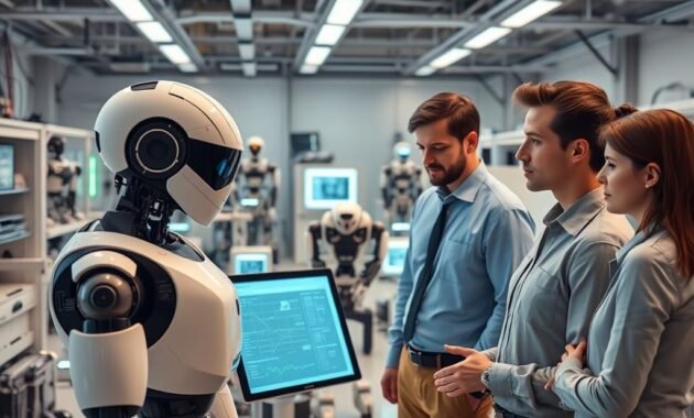 A futuristic laboratory setting showcasing a collaborative environment between humans and advanced robotics, emphasizing reinforcement learning applications. In the foreground, a diverse group of professionals in business casual attire engages with an intelligent humanoid robot, analyzing data on interactive screens. The middle ground features various robotic systems learning through trial and error in dynamic simulations. The background showcases a high-tech lab filled with robotic components, glowing screens, and an assortment of machines. Soft, ambient lighting creates a warm atmosphere, while highlights emphasize the technological aspects. Use a slightly elevated camera angle to capture the collaboration and interaction perspectives, evoking a sense of innovation and teamwork in robotics.