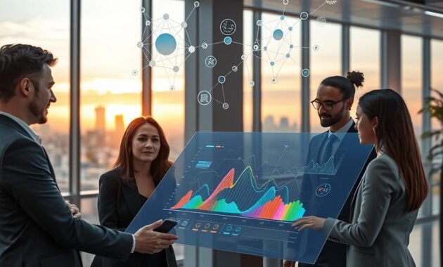 A futuristic office environment showcasing the concept of generative AI. In the foreground, a diverse group of three professionals, a man and two women, are engaged in a dynamic discussion around a sleek, transparent touchscreen displaying colorful graphs and AI-generated patterns. They are dressed in smart business attire, exuding a sense of collaboration and innovation. In the middle ground, abstract digital visuals of neural networks and algorithms float above their heads, integrating seamlessly into the office space. The background features large windows with a city skyline visible, illuminated by the warm glow of a sunset, casting soft shadows. The atmosphere is vibrant and inspiring, emphasizing creativity and technological advancement, with balanced lighting that enhances the modern aesthetic of the workspace.
