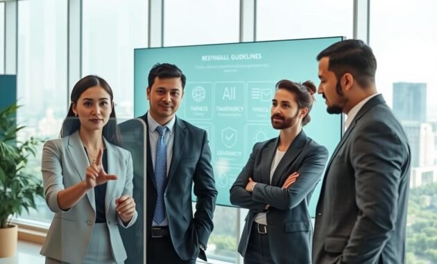 A futuristic office setting with a diverse group of four professionals engaged in a collaborative discussion about responsible AI. In the foreground, a woman in business attire analyzes data on a transparent touchscreen interface. Beside her, a man reviews ethical guidelines, displaying a thoughtful expression. In the middle ground, a large digital screen shows visualizations of AI concepts like fairness, transparency, and accountability. The background features a calming view of a green cityscape through large windows, symbolizing the harmony between technology and nature. Soft, natural light floods the room, creating an atmosphere of innovation and ethical responsibility. The scene is captured with a wide-angle lens to emphasize teamwork and collaboration, while maintaining a clean and organized workspace for a professional look.