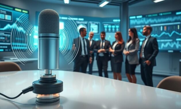 A futuristic scene illustrating the concept of voice cloning. In the foreground, a sleek, modern microphone sits prominently on a polished table, with soundwaves visually emanating from it, symbolizing the technology of voice replication. In the middle ground, a diverse group of professionals in business attire, intently watching a holographic display that shows visual representations of voice patterns and AI algorithms, emphasizing collaboration and innovation. The background features a high-tech office with large screens displaying data analytics and digital waveforms, creating an atmosphere of advanced technology and ethical discussion. Soft, focused lighting highlights the microphone and people, while a cool color palette evokes a sense of professionalism and contemplation. The overall mood conveys a balance between excitement and caution regarding the implications of voice cloning technology.