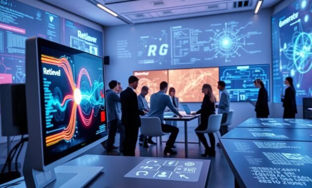 A futuristic workspace showcasing RAG architecture, integrating elements of a data-retrieval system and a natural language generator. In the foreground, a sleek computer terminal displays dynamic visualizations of data flow between a 'retriever' and a 'generator,' represented as glowing streams of light intermingling in vibrant colors. The middle ground features a diverse team of professionals in business attire, collaborating around a table filled with holographic screens, brainstorming ideas. In the background, large digital displays showcase algorithms and neural networks, with a soft blue and white color palette creating a high-tech atmosphere. The scene is illuminated with soft ambient lighting, casting gentle shadows, enhancing the innovative mood and emphasizing teamwork and technology. The perspective is a wide-angle shot, capturing the bustling energy of a modern tech environment. A futuristic workspace showcasing RAG architecture, integrating elements of a data-retrieval system and a natural language generator. In the foreground, a sleek computer terminal displays dynamic visualizations of data flow between a 'retriever' and a 'generator,' represented as glowing streams of light intermingling in vibrant colors. The middle ground features a diverse team of professionals in business attire, collaborating around a table filled with holographic screens, brainstorming ideas. In the background, large digital displays showcase algorithms and neural networks, with a soft blue and white color palette creating a high-tech atmosphere. The scene is illuminated with soft ambient lighting, casting gentle shadows, enhancing the innovative mood and emphasizing teamwork and technology. The perspective is a wide-angle shot, capturing the bustling energy of a modern tech environment.