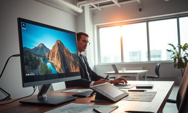 A futuristic workspace showcasing an AI image upscaling process. In the foreground, a sleek computer monitor displays a vibrant, high-resolution image being enhanced, with visual elements indicating the upscaling process. On the desk, modern tech gadgets are neatly arranged, including a graphics tablet and a stylus, surrounded by colorful sketches and AI-generated images. The middle ground features a professional in business attire, focusing intently on the screen, their face illuminated by the monitor's glow, symbolizing the creative workflow. In the background, a minimalist office setting with bright natural light streaming through large windows, softly illuminating the room, creates a productive atmosphere. The overall mood is one of innovation and creativity, emphasizing the seamless integration of technology in the artistic process.